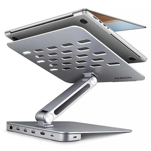 AXAGON HMC-STND, stojan pro 10"-17" notebooky, USB 5Gbps hub, 3x USB-A, HDMI 4k/60Hz, RJ-45, PD 100W, kabel USB-C 60cm