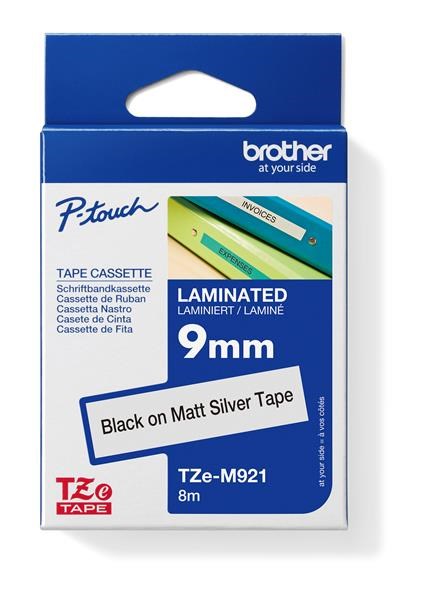 BROTHER Originální kazeta Brother TZe-M921 - černá na matné stříbrné, šířka 9 mm