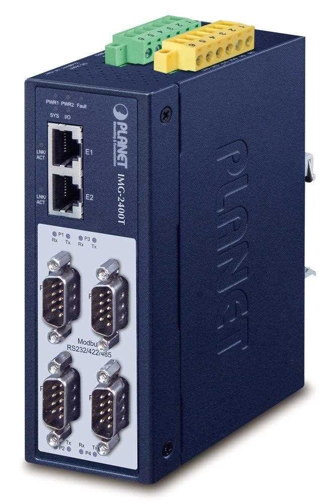 PLANET IMG-2400T Průmyslová brána, MODBUS, 4x RS-232/422/485 na IP, 2x RJ-45 10/100Base-TX, -40 až +75°C, DC12-48V, IP40