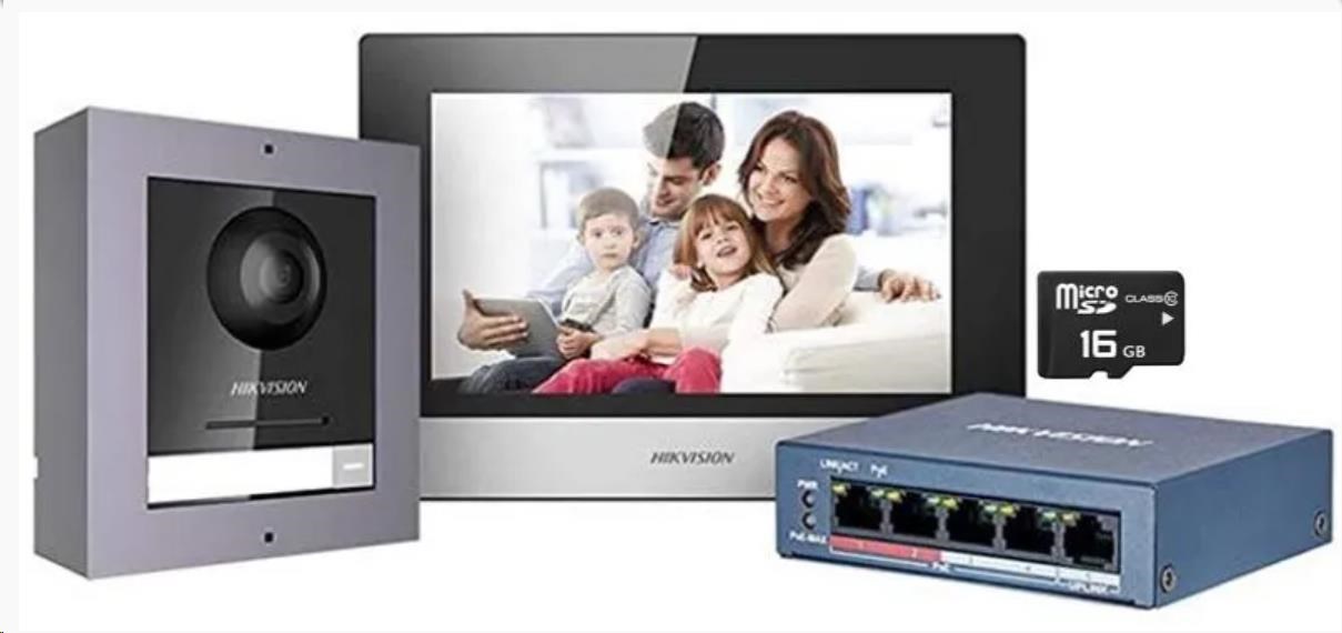 Hikvision DS-KIS602(B), Kit IP videotelefonu, bytový monitor + dveřní stanice + switch