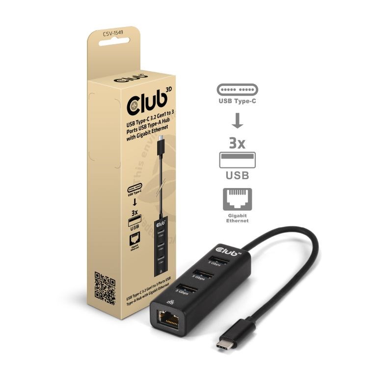 Club3D Dokovací stanice USB-C 4v1, 3xUSB, 1xRJ45, černá