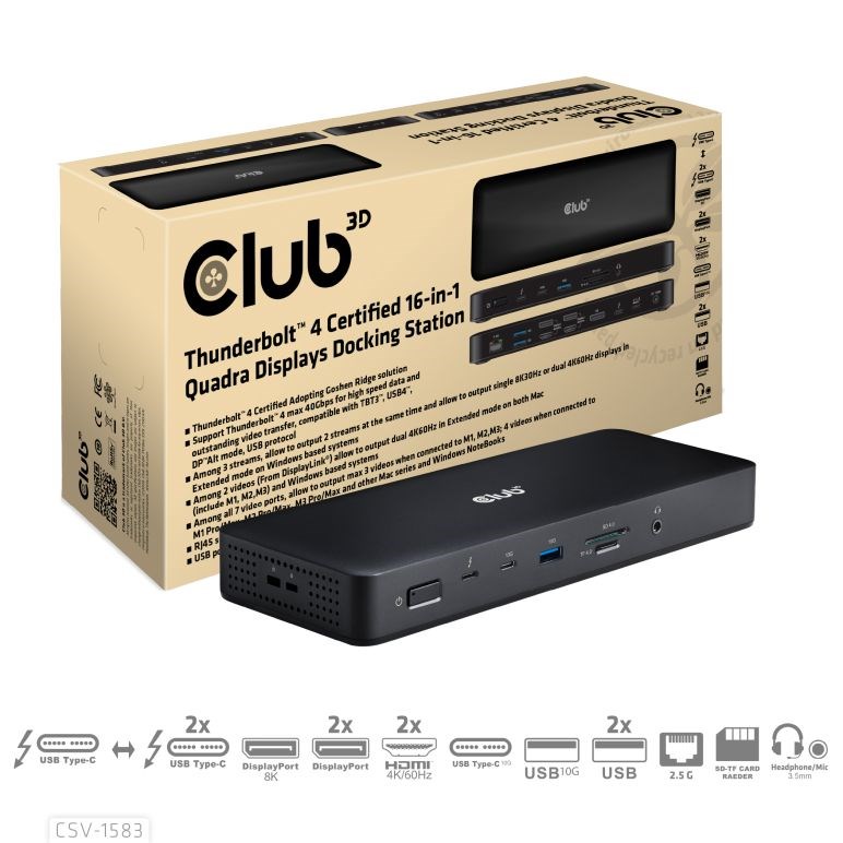 Club3D Dokovací stanice USB-C 16v1, 3xDP, 2xHDMI, 1xUSB-C, 3xUSB, 1xRJ45, 1x3.5mm, černá