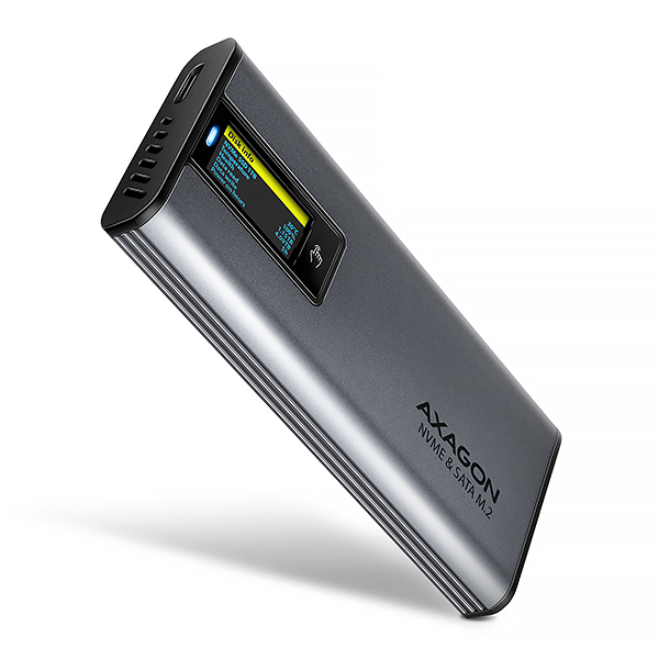 AXAGON EEM2-SD2 USB-C 10Gbps - M.2 NVMe & SATA SSD kovový DISPLAY box, bezšroubkový