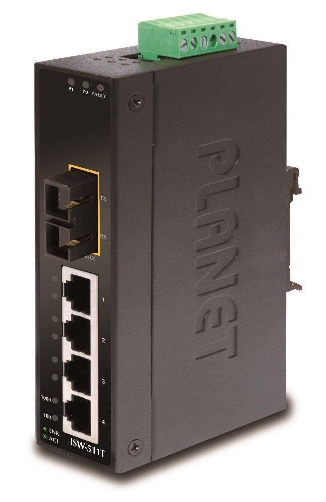 Planet ISW-511TS15, 4x 10/100Base-TX+ 1xSC 100BASE-FX 15km, SM, DIN, IP30, -40~75°C