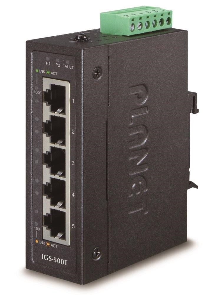 Planet switch IGS-500T, průmysl.verze 5x10/100/1000, DIN, IP30, -40 až 75°C, 12-48V, ESD+EFT