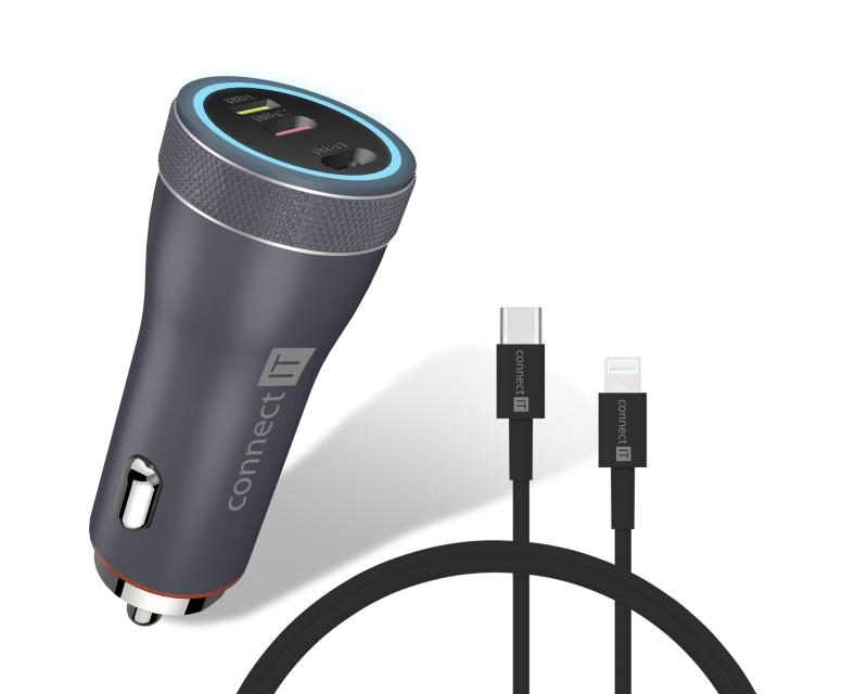CONNECT IT InCarz Duplex nabíječka do auta, 1x USB-C, 1x Lightning, šedá