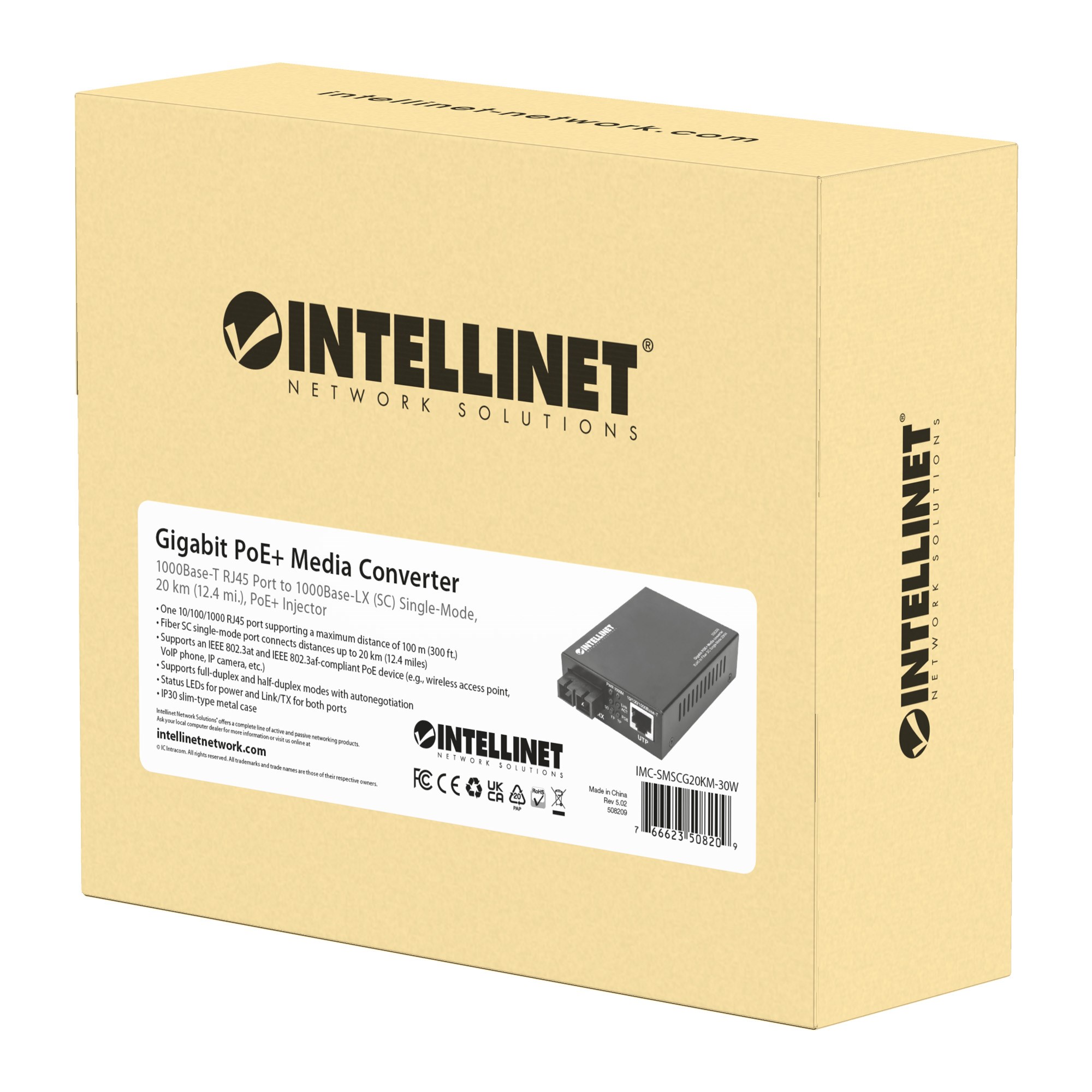 Gigabit PoE+ Media Converter, 1000Base-T RJ45 Port to 1000Base-LX (SC) Single-Mode, 20 km (12.4 mi.), PoE+ Injector