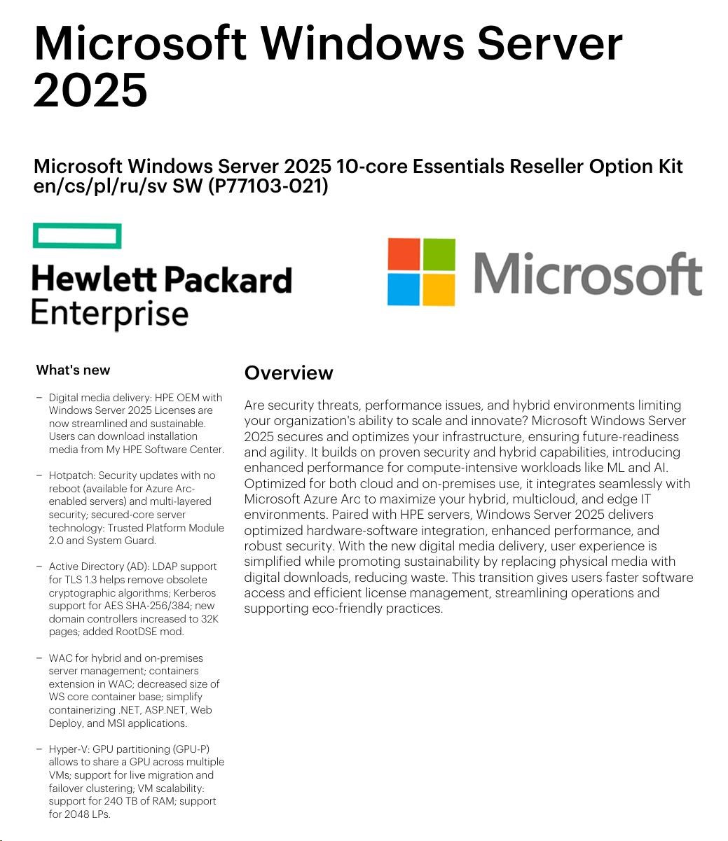 HPE Windows Server 2025 10-core Essentials Reseller Option Kit CZ (25/50user/dev en/ru/po) OEM