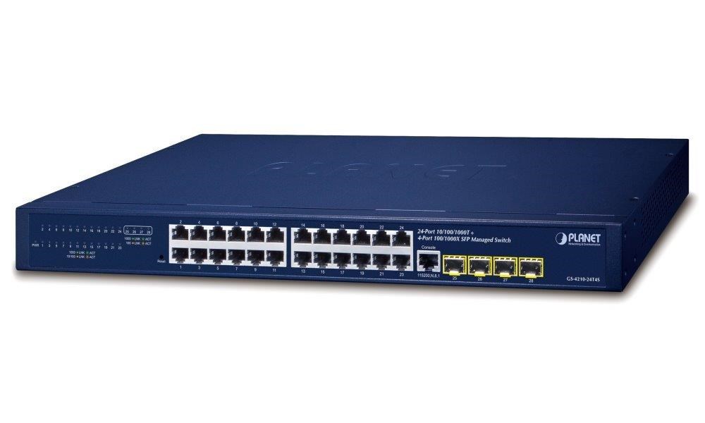 Planet switch GS-4210-24T4S, L2/L4, 24x 1000Base-T, 4x SFP, web, SNMP V3, VLAN, QOS, IPV6