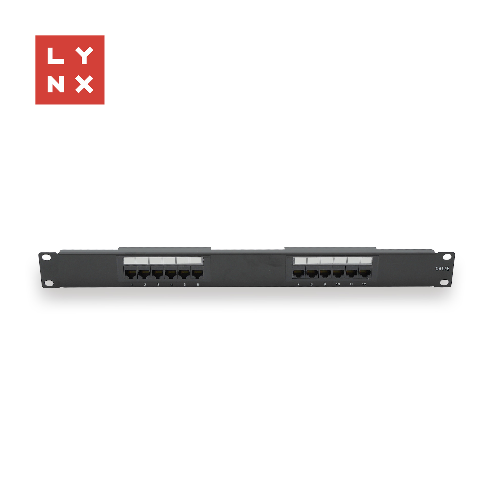 LYNX 19" patch panel 12-port, UTP Cat5e, 50µ, nestíněný, černý