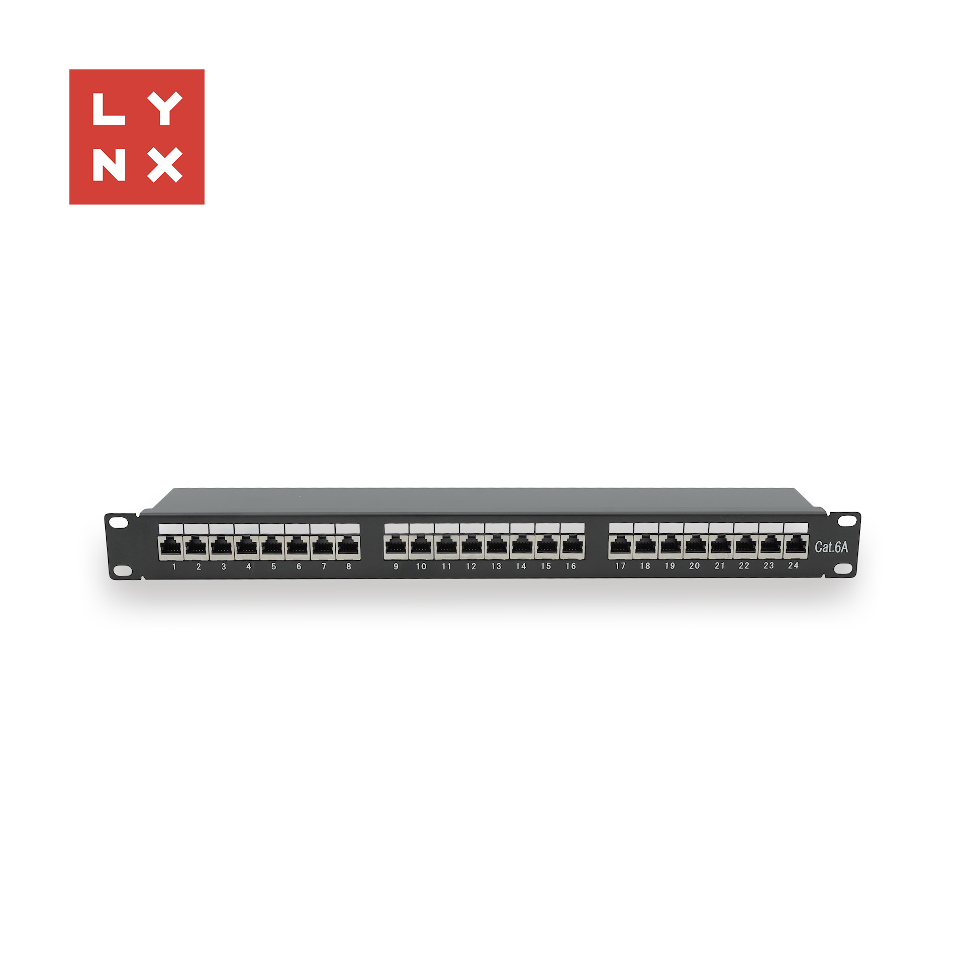 LYNX 19" patch panel 24-port, STP Cat6a, 50µ, stíněný, černý