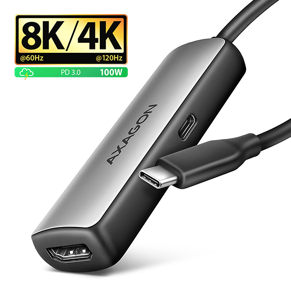 AXAGON RVC-HI8KPD, USB-C -> HDMI 2.1 redukce / adaptér, 8K/60Hz, 4K/144Hz, HDR10+, PD100W