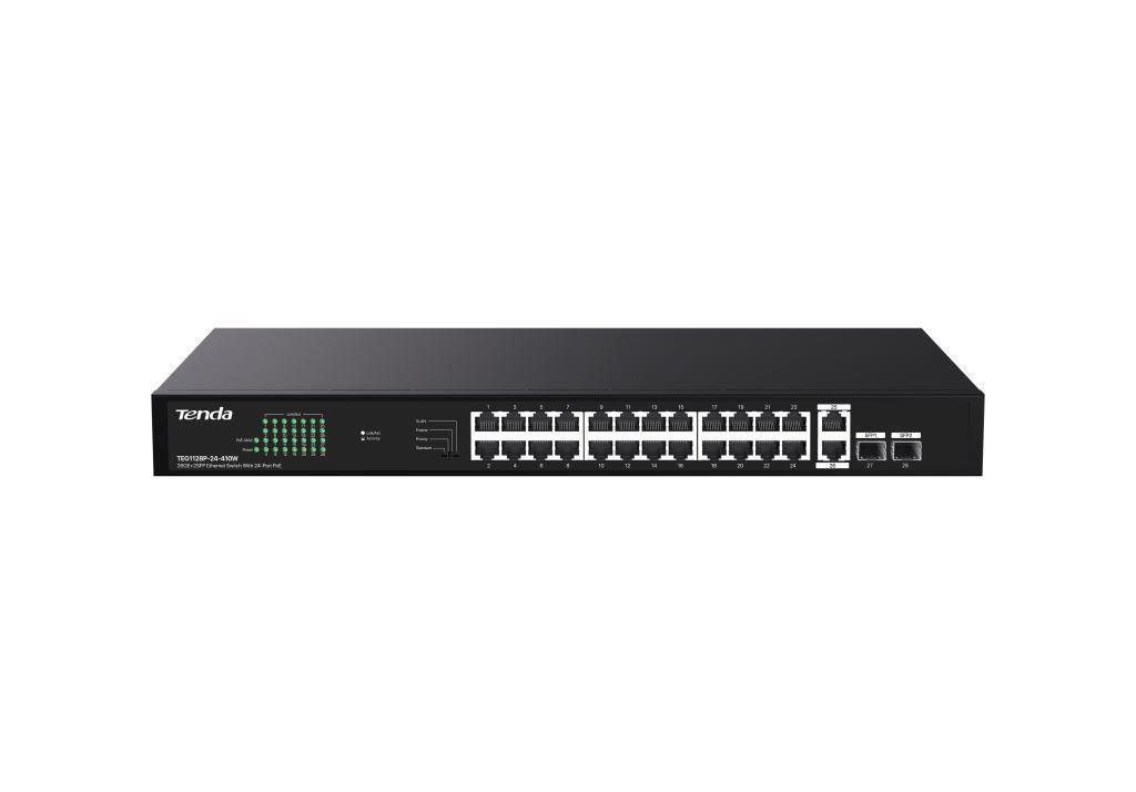 Tenda TEG1128P-24-410W (24xPoE 802.3af/at 10/100/1000Mbps, Uplink 2xRJ45 + 2xSFP) 370W