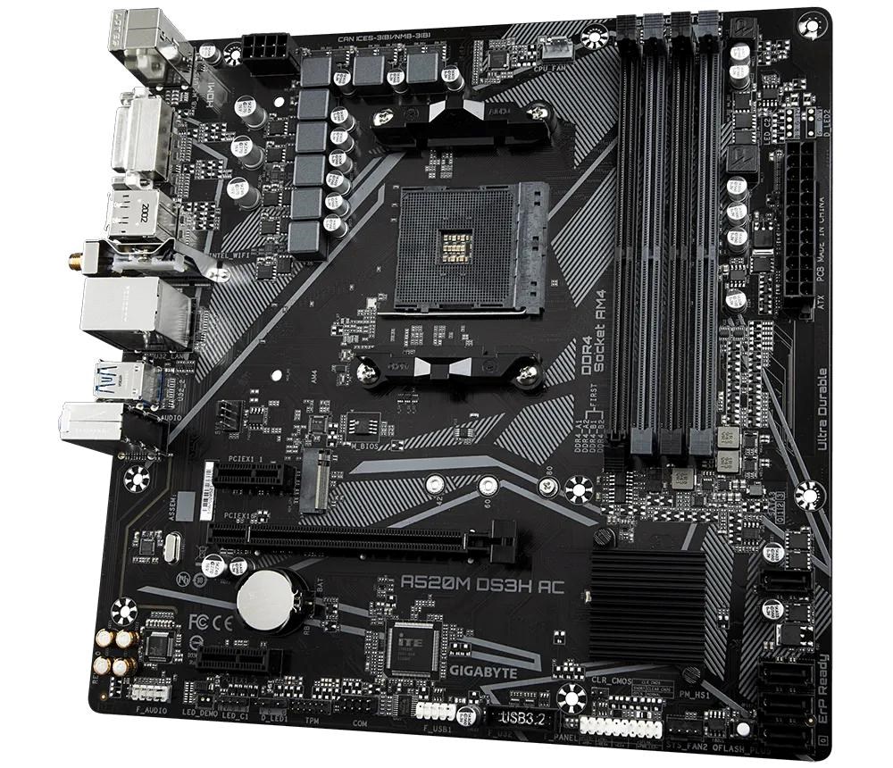 GIGABYTE MB Sc AM4 A520M DS3H AC, AMD A520, 4xDDR4, 1xDP, 1xHDMI, 1xDVI-D, WiFi, mATX