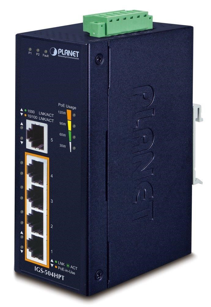 Planet switch IGS-504HPT, průmysl.verze 5xGbE, DIN, 4xPoE+, IP40, -40 až 75°C, 12-56V