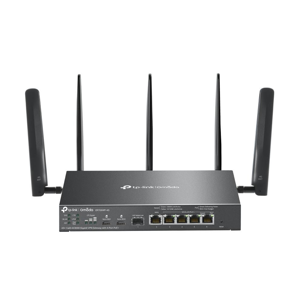 TP-Link ER706WP-4G OMADA VPN 4G+Cat6 router (AX3000,1xSFP WAN/LAN,1xGbEWAN,4xGbELAN/WAN,4xPoE+,45W,2xnanoSIM)