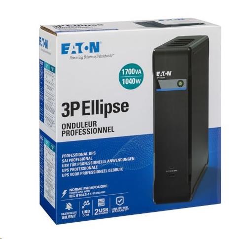 Eaton 3P Ellipse UPS USB FR, 1700 VA, 1040 W, Vstup: C14, Výstupy: (4) Typ E, (4) Pouze přepěťová ochrana Typ E, USB nab