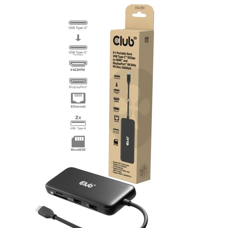 Club3D Dokovací stanice USB-C 8v1, 1xHDMI, 1xDP, 1xUSB-C, 2xUSB, 1xRJ45, černá