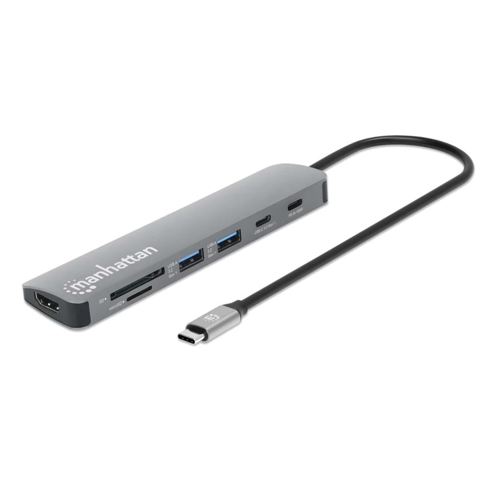 MANHATTAN Dokovací stanice USB-C 7v1, 1xHDMI, 2xUSB-C, 2xUSB, čtečka SD karet, šedá