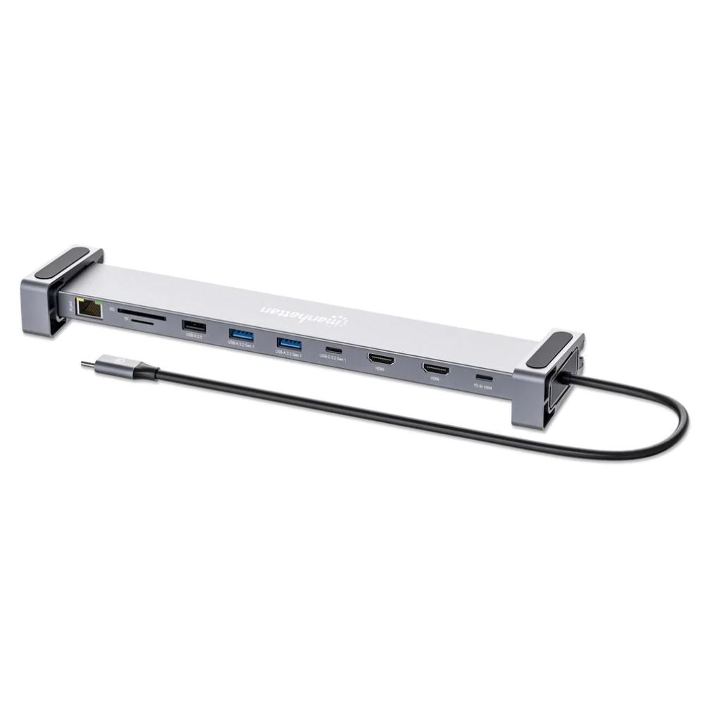 MANHATTAN Dokovací stanice USB-C 10v1, 2xHDMI, 2xUSB-C, 3xUSB, 1xRJ45, čtečka SD karet, šedá