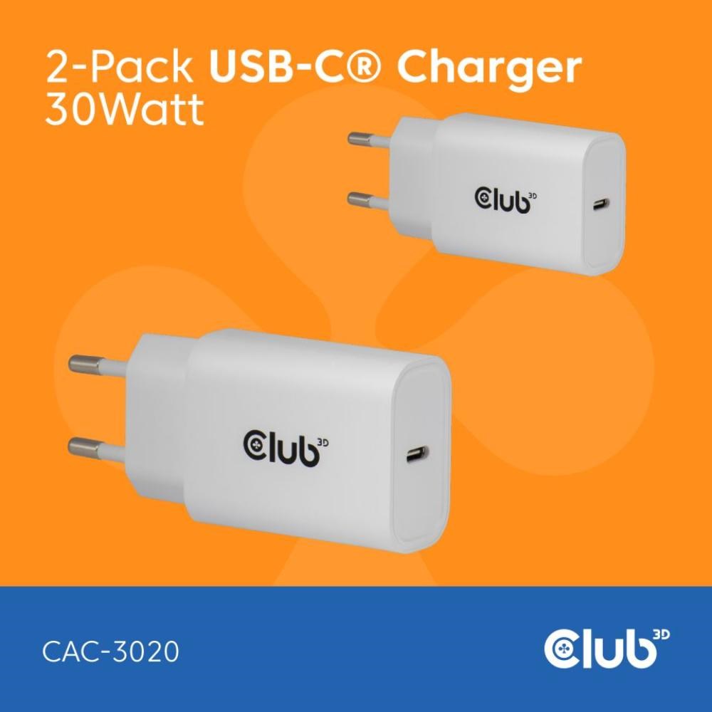 Club3D Nabíječka, USB-C, Power Delivery 15V/2A, 2-pack, bílá