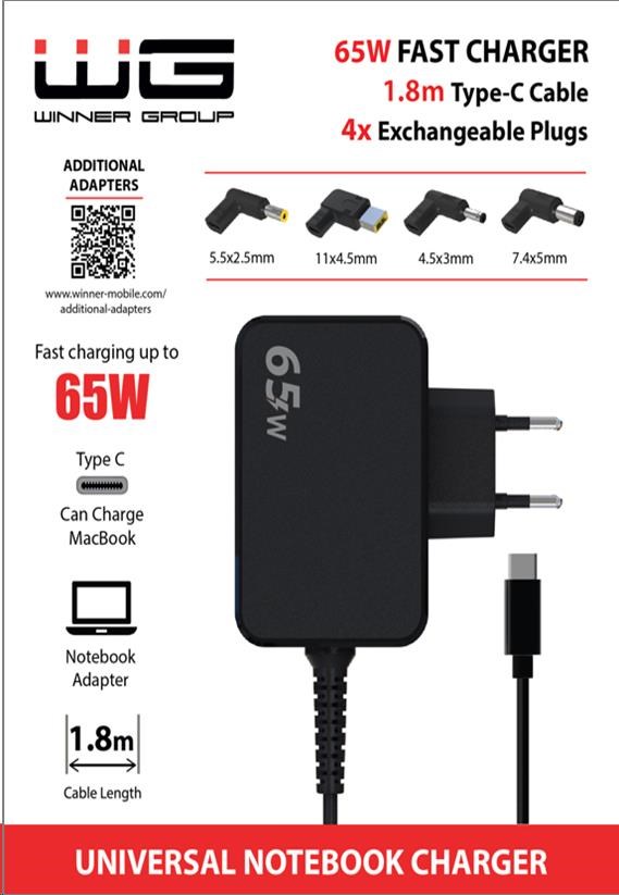 WG - Univerzální nabíječka 65W pro notebook s Type-C konektorem, + 4 adaptéry, kabel 1,8 metrů