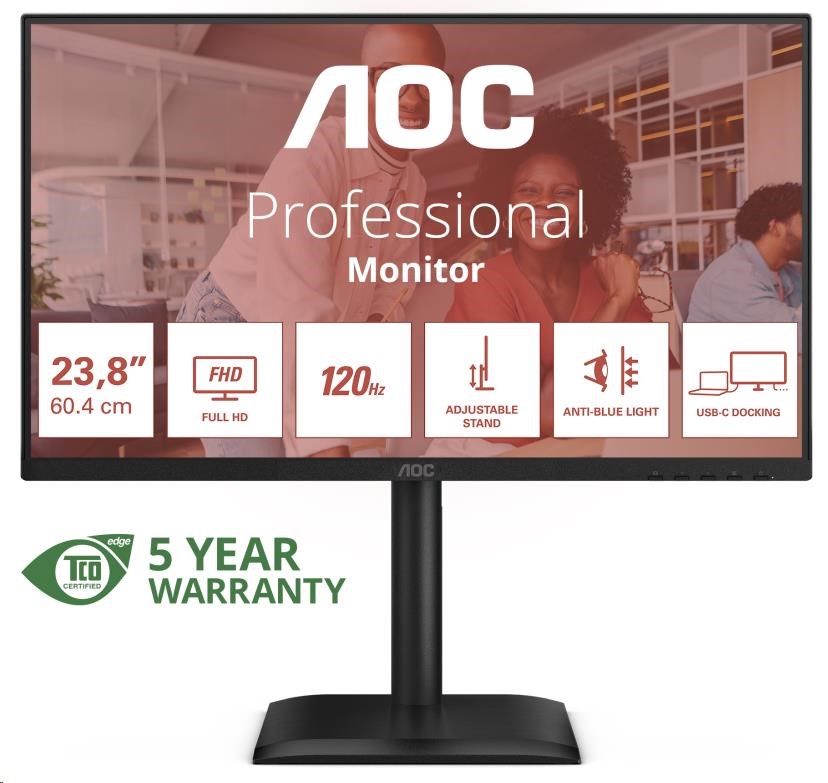 AOC MT 23,8" 24E4CV - 1920x1080,IPS,120Hz,1xHDMI,1xDP,USBhub,USB-C,PD,RJ45,Repro,Pivot