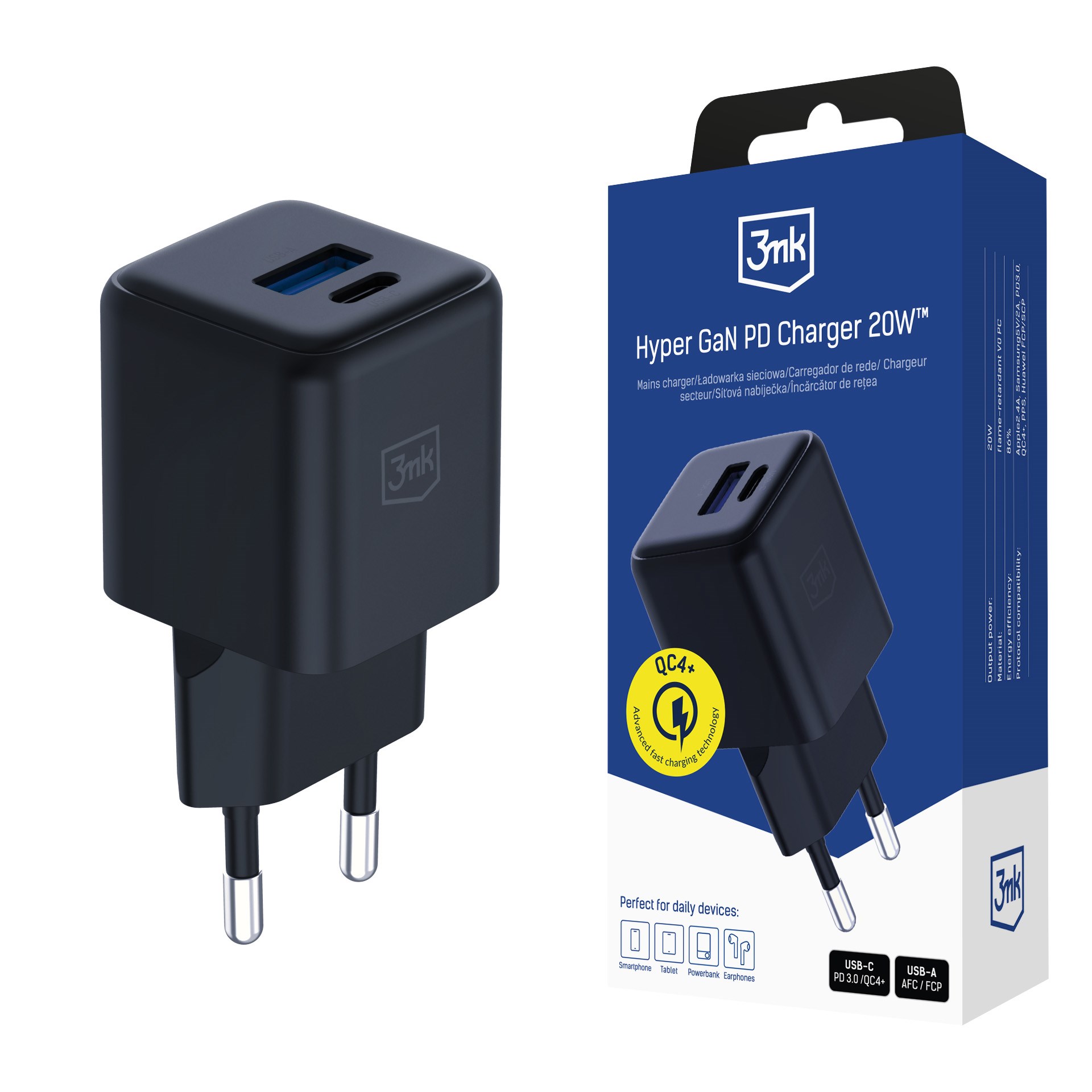 3mk síťová nabíječka Hyper GaN Charger 20W, černá