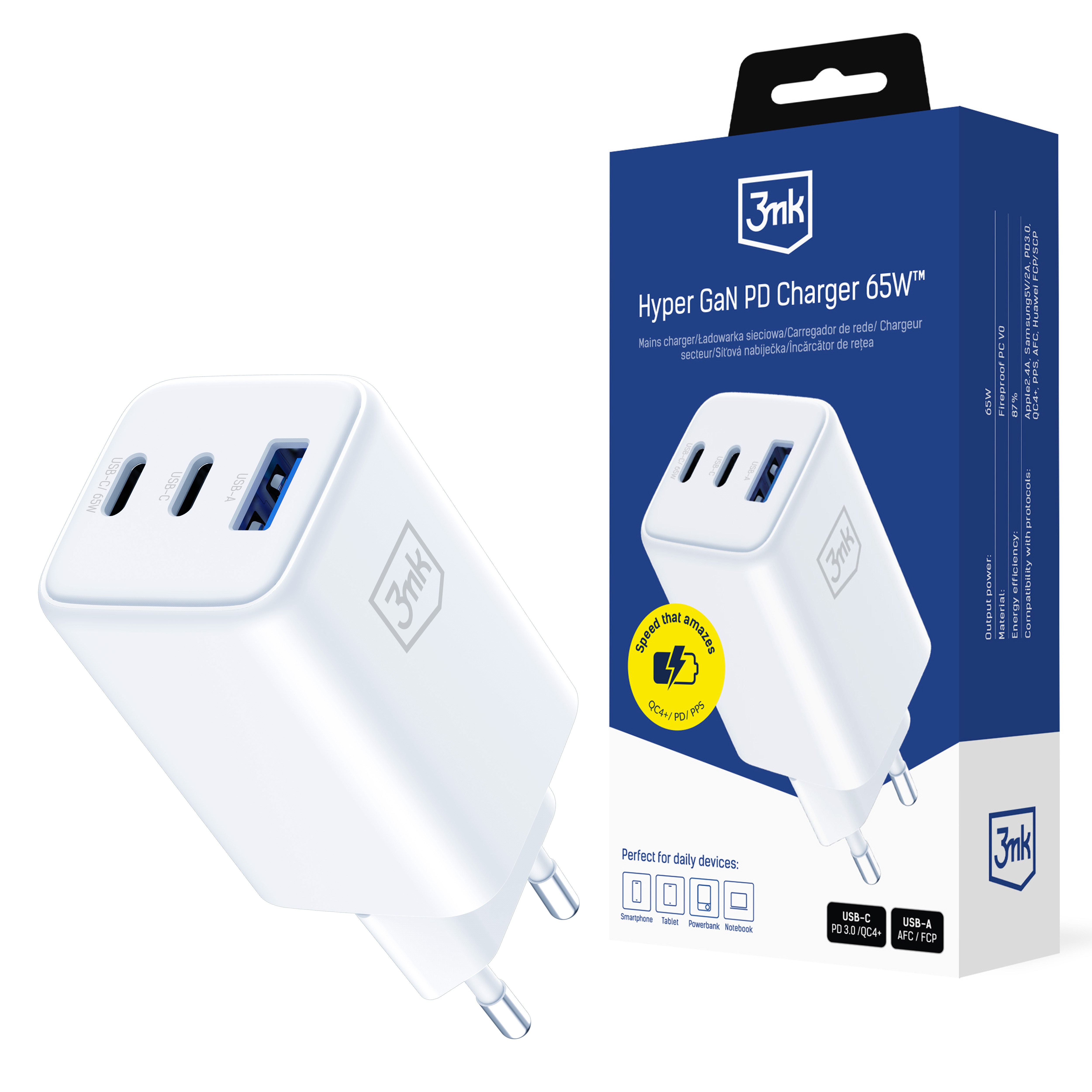 3mk síťová nabíječka Hyper GaN Charger 65W, bílá