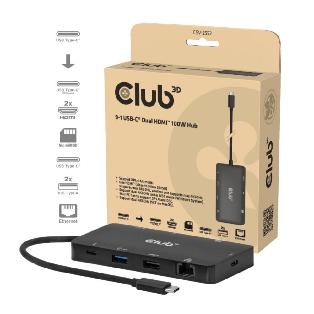 Club3D Dokovací stanice USB-C 9v1, 2xHDMI, 1xUSB-C, 1xUSB-C PD, 2xUSB, 1xRJ45, microSD/SD, černá
