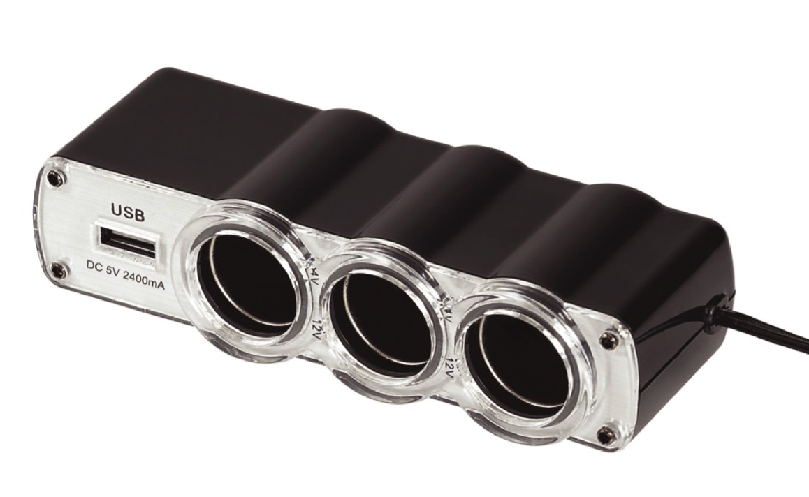 WG - Nabíječka do auta,  rozbočovač, 3x zásuvka zapalovače 12V + 1x USB-A, s prodloužením
