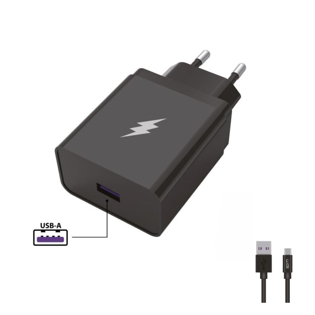 WG - Síťová nabíječka 1x USB-A 22,5W, SuperCharge, 5V-9V-12V, + kabel USB-A na Type-C (5A), černá
