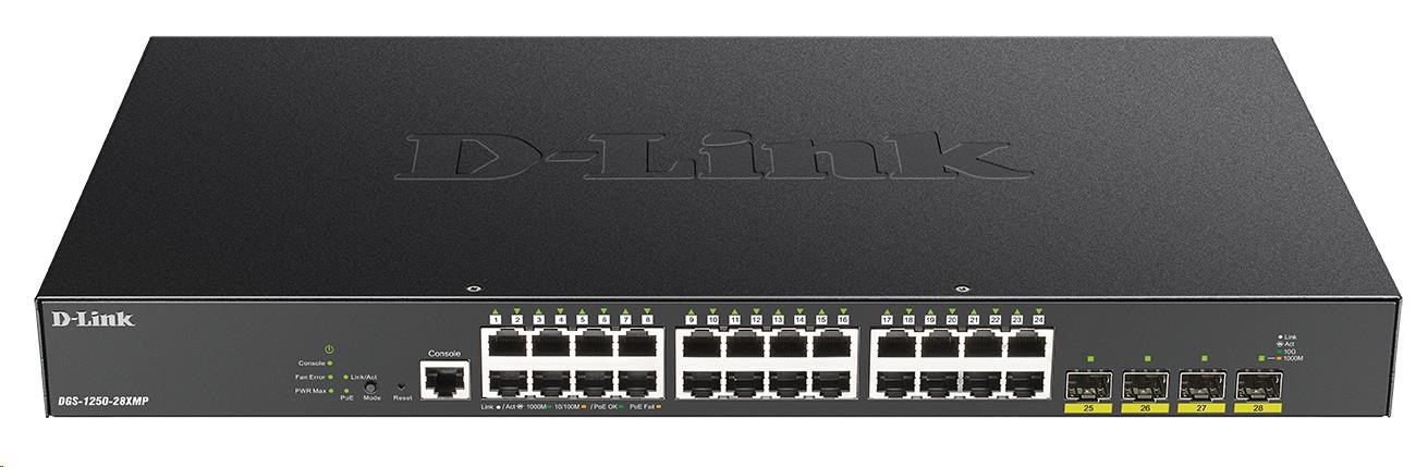 BAZAR - D-Link DGS-1250-28XMP 28-port Gigabit Smart PoE Switch, 24x GbE PoE+, 4x SFP+, PoE 370W - Poškozený obal (Komple
