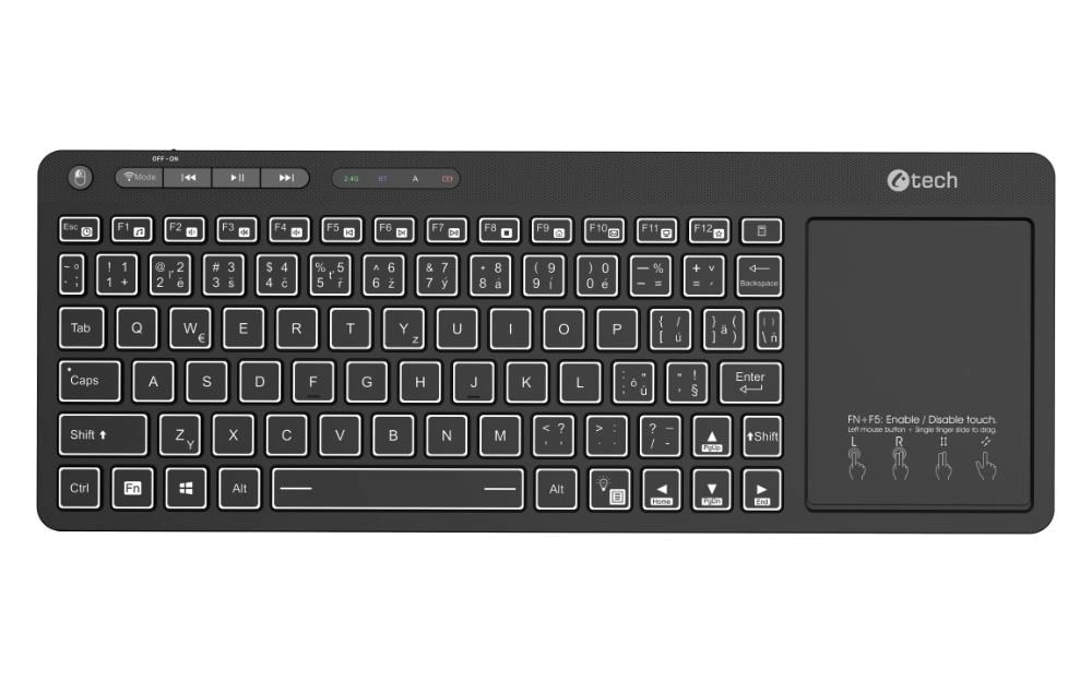 C-TECH Klávesnice WLTK-03, Bezdrátová, Touchpad, černá