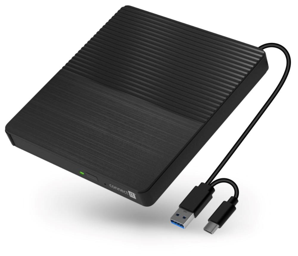 CONNECT IT Externí mechanika CD/DVD 3v1 SlimDrive, čtečka MicroSD/SD, 2xUSB, USB-A/USB-C, černá