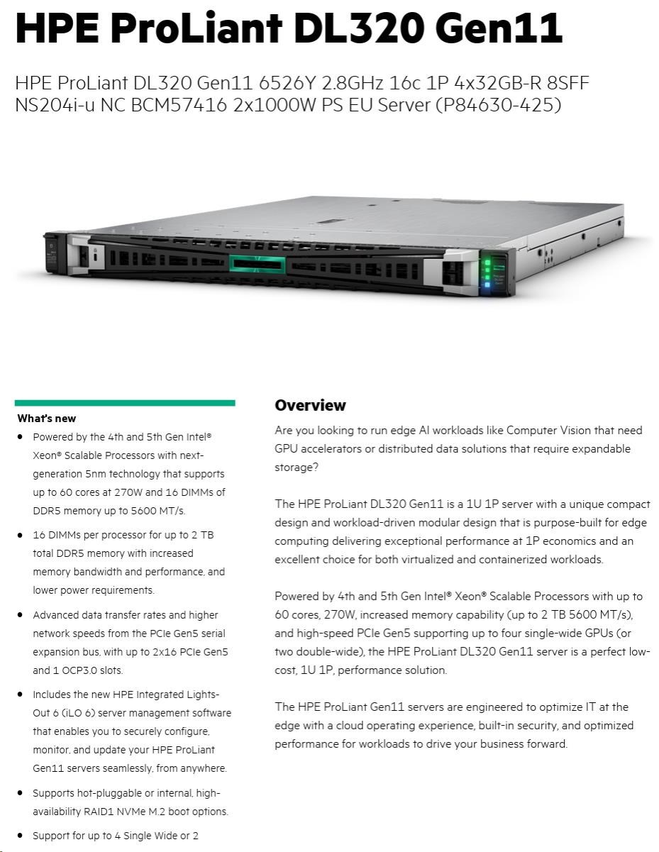 HPE PL DL320g11 6526Y (2.8/16C) 4x32G (p64706) 8SFF NS204(2x480Gm.2) VROC 2x1000W 2p10GT 7F Smart Choice