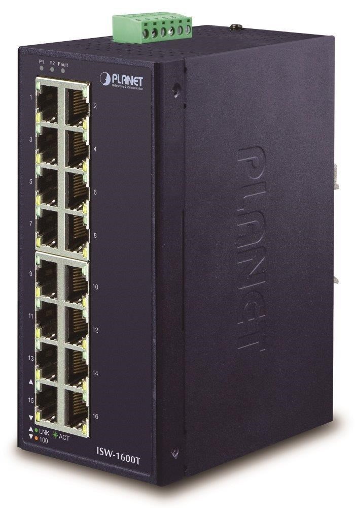 Planet ISW-1600T, switch, 16x 10/100Base-TX, ESD, DIN, IP30, -40~75°C