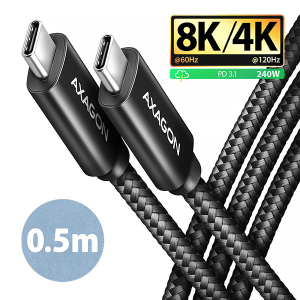AXAGON BUCM4X-CM05AB NewGEN+ kabel USB-C <-> USB-C, 0.5m, USB4 Gen 3×2, PD 240W 5A, 8K HD, ALU, oplet, černý