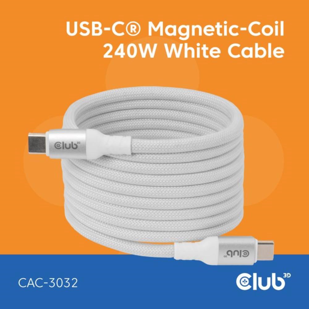Club3D Kabel magnetický USB-C, 240W PD3.1, 480 Mbps, 2m, bílá