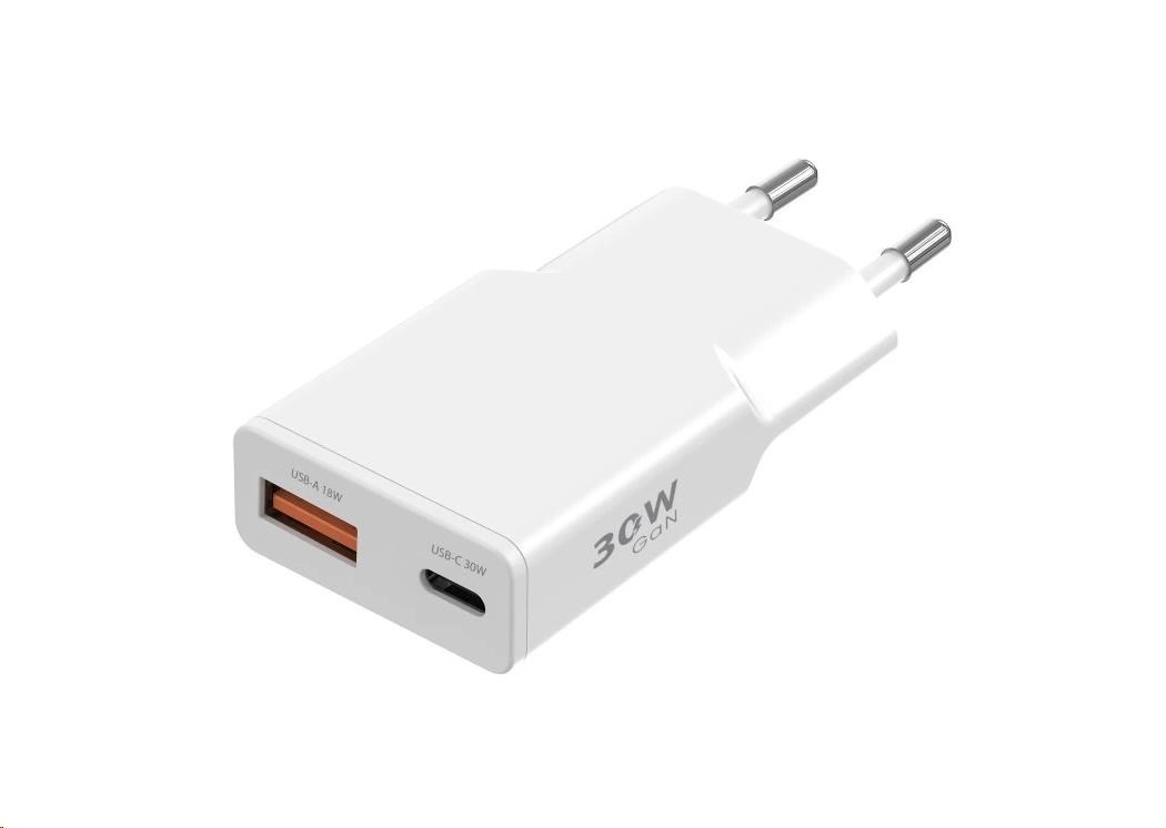 WG - Síťová nabíječka GaN 2x USB, 1x USB-C 30W + 1x USB-A 18W, white, Ultra Slim