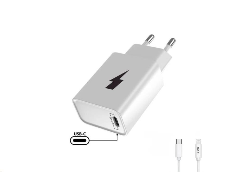 WG - Síťová nabíječka 1x USB-C, PD 20W + kabel Type-C na Lightning MFI,  white
