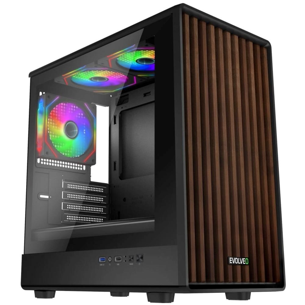 EVOLVEO Panthera, skříň mATX, 3x ARGB ventilátor 120mm, dřevěný přední panel + skleněná bočnice