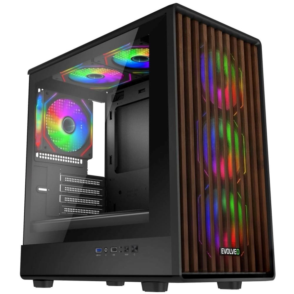 EVOLVEO Panthera, skříň mATX, 6x ARGB ventilátor 120mm, dřevěný přední panel + skleněná bočnice
