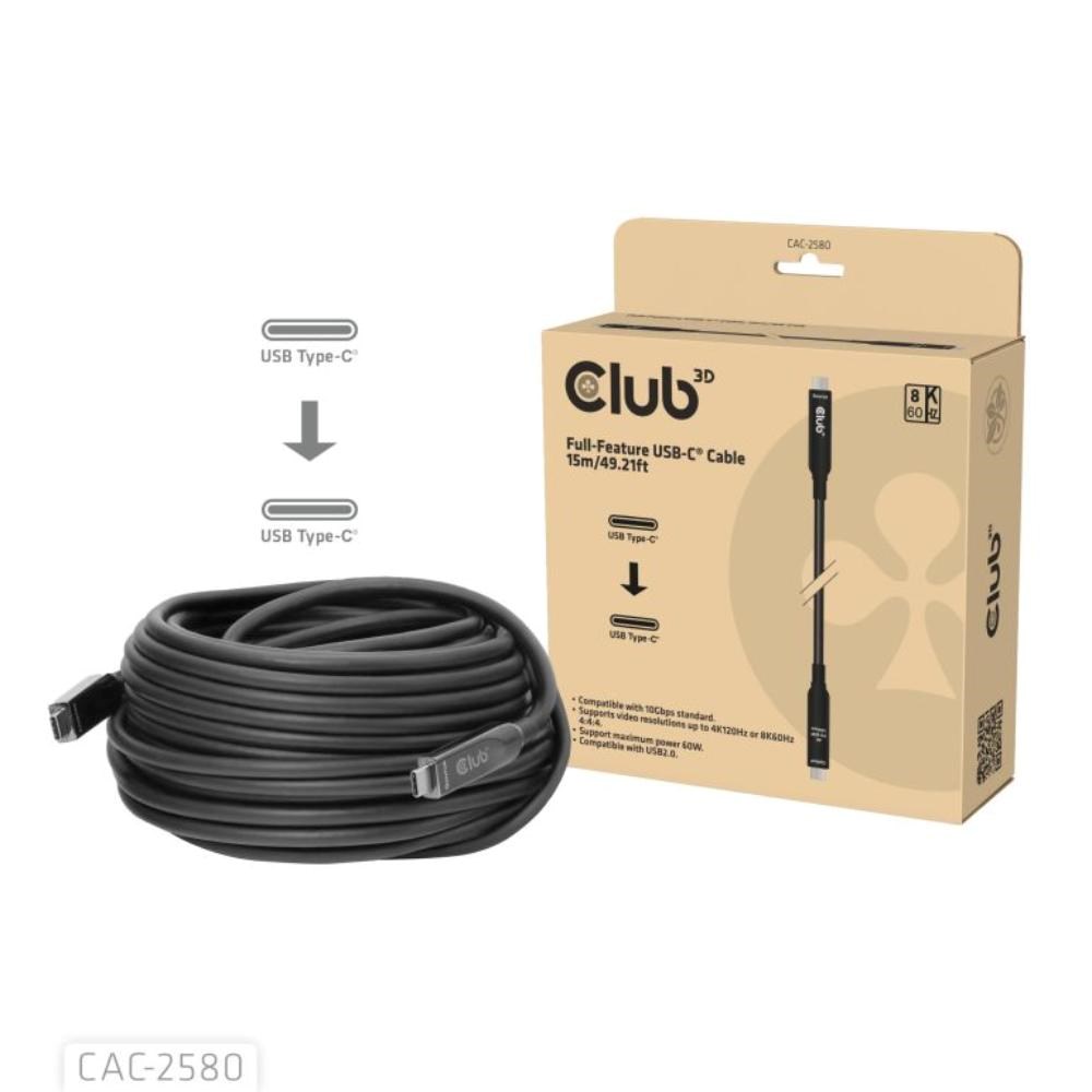 Club3D Kabel USB-C, 10 Gbps, 4K120Hz, 8K60Hz, 60W, Bi-directional, 15m, černá