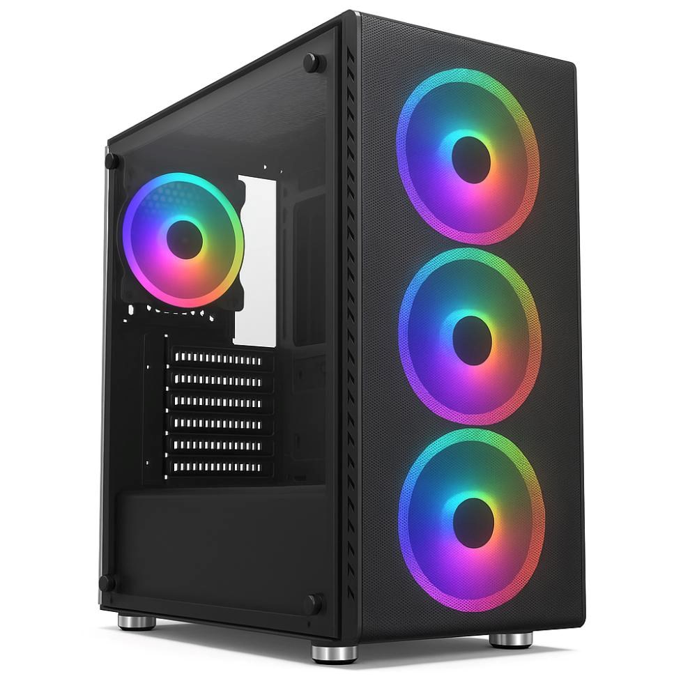 1stCOOL skříň Rainbow 4, Mid Tower, ATX, AU, Průhledná bočnice, 4x 120mm Fan, 650W, 88+, Černá