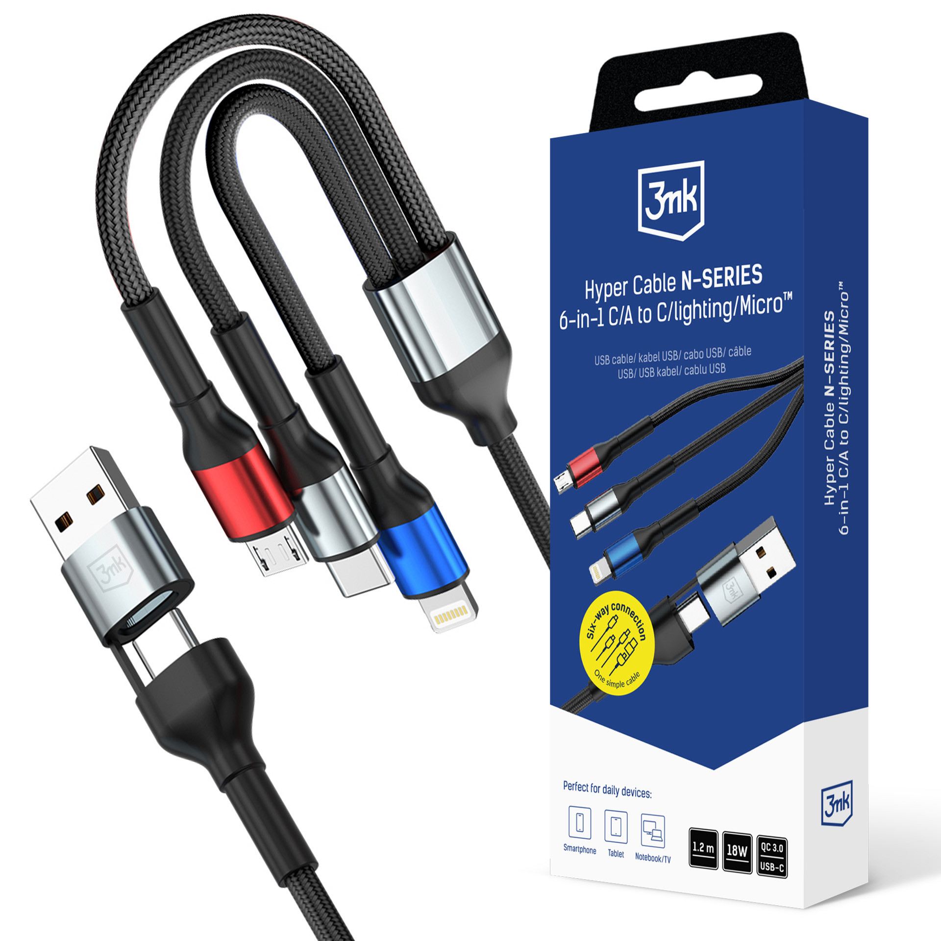 3mk kabel Hyper Cable N-SERIES 6 in 1 C/A to C/Lightning/Micro 1.2m QC 3.0 9V/2A 18W Black