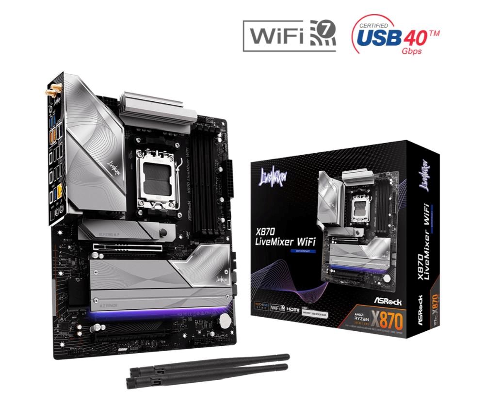 ASRock MB Sc AM5 X870 LiveMixer WiFi, AMD X870, 4xDDR5, 1xHDMI, 2xUSB4, WI-FI, ATX
