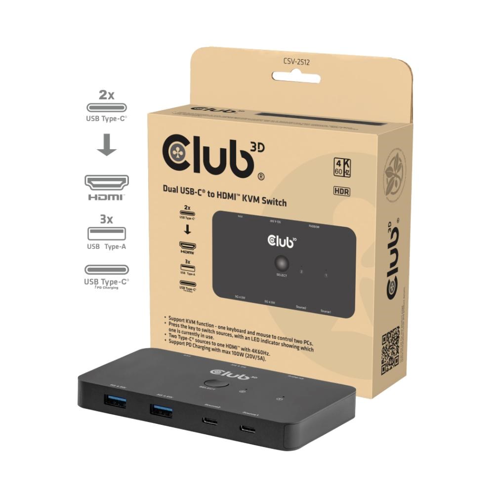 Club3D KVM Switch, 2xUSB-C na HDMI, 4K60Hz, PD 100W