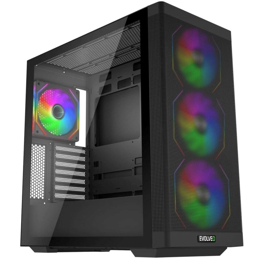 EVOLVEO Scorpio, skříň eATX/ATX, 4x ARGB ventilátor 120mm, boční panel temperované sklo + mřížkovaný přední panel