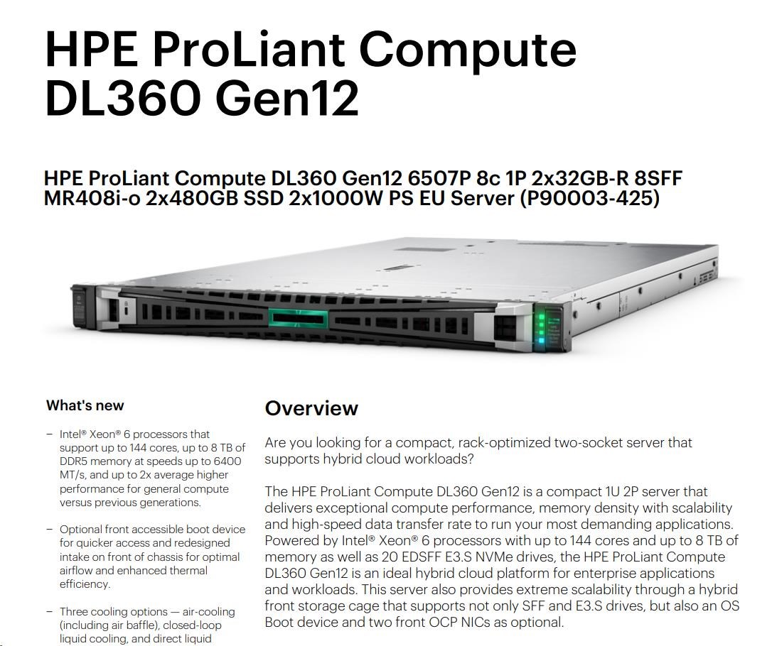 HPE PL DL360g12 6507P (3.5/8C) 2x32G (P69727) 2x480G MR408i-o 8SFF 2x1000W 2p10G-T NBD333 Smart Choice